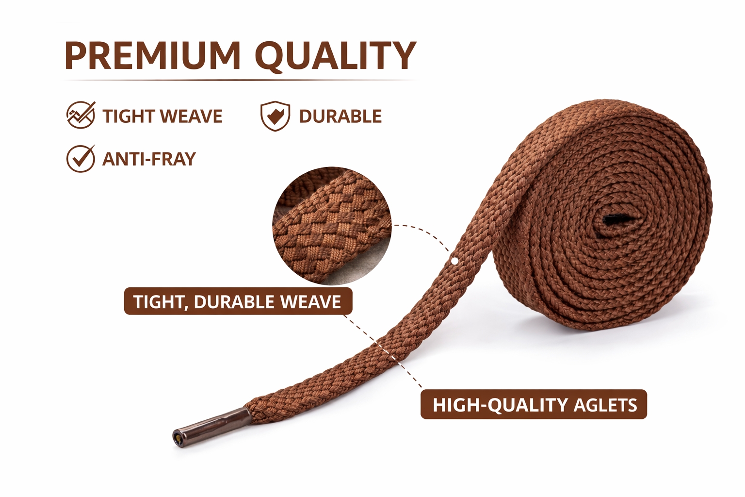Brown shoelace with text highlighting features on a white background