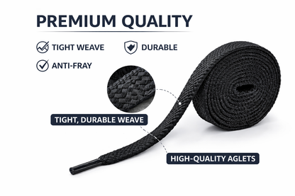 Black shoelace with text highlighting features on a white background