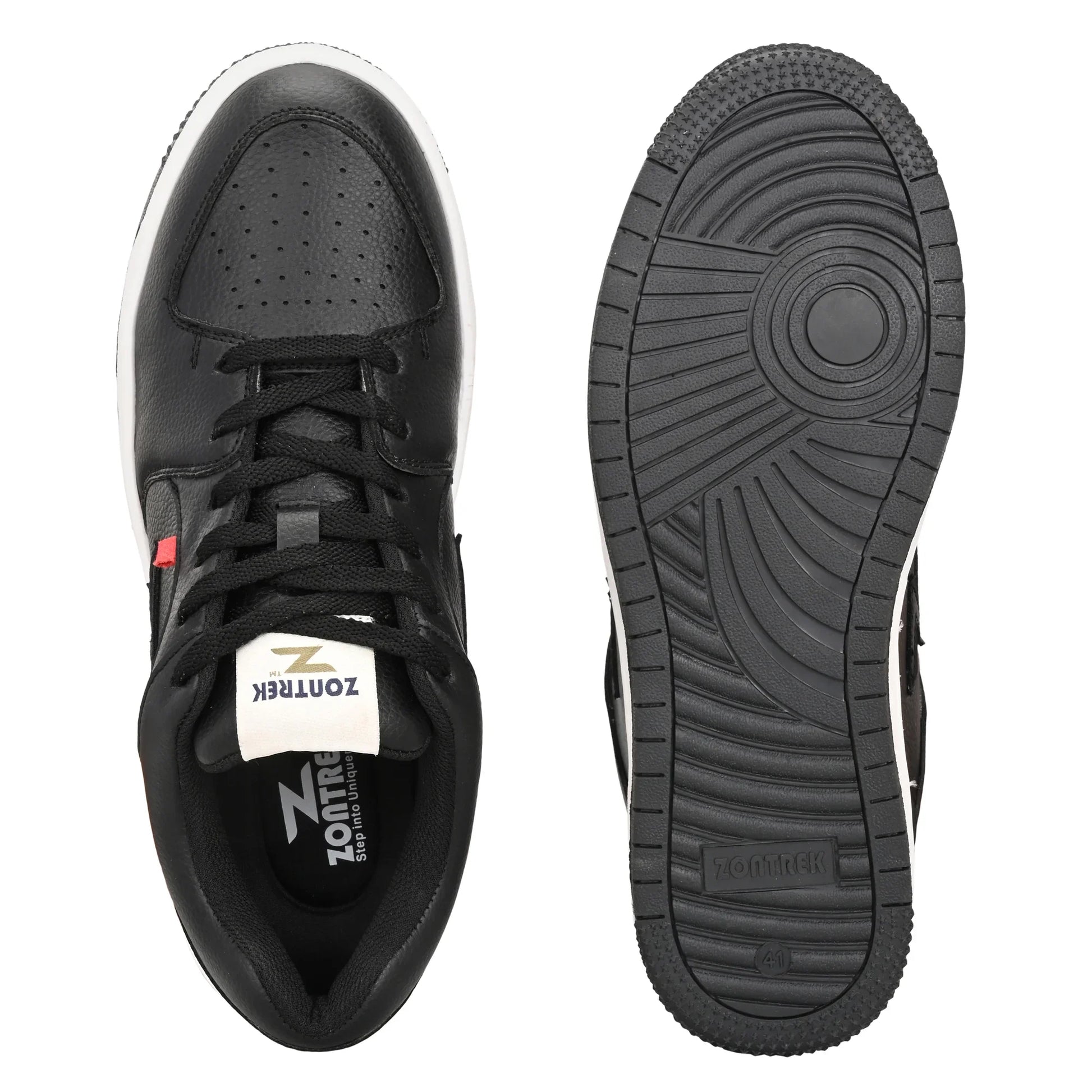 Black sneakers with a brand label on a white background