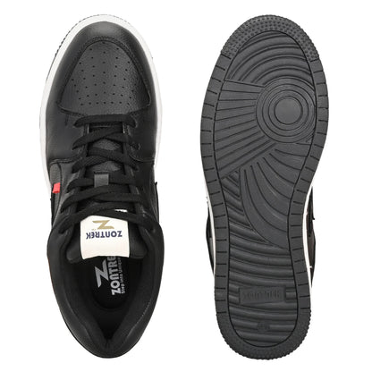 Black sneakers with a brand label on a white background
