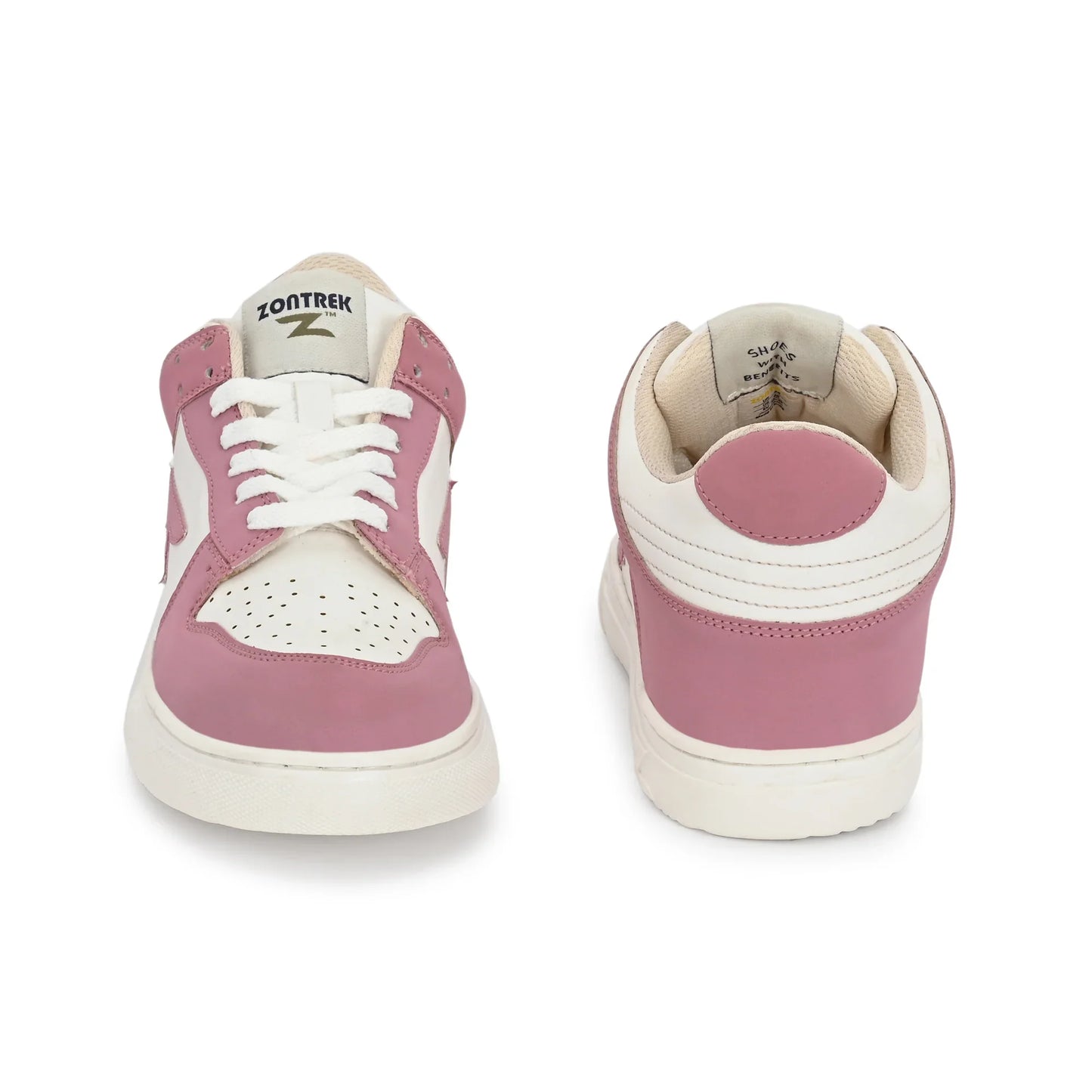 Stylish pink and white low-top sneakers with cushioned sole and lace-up design