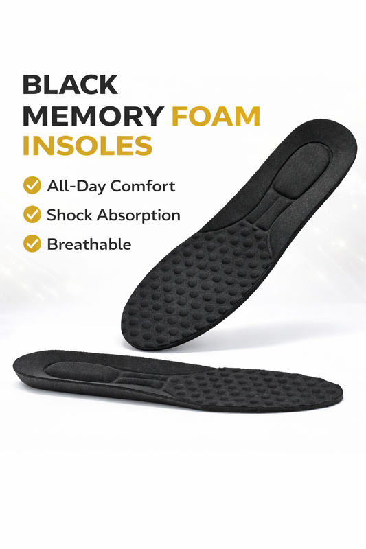 Black memory foam insoles with text highlighting features on a white background