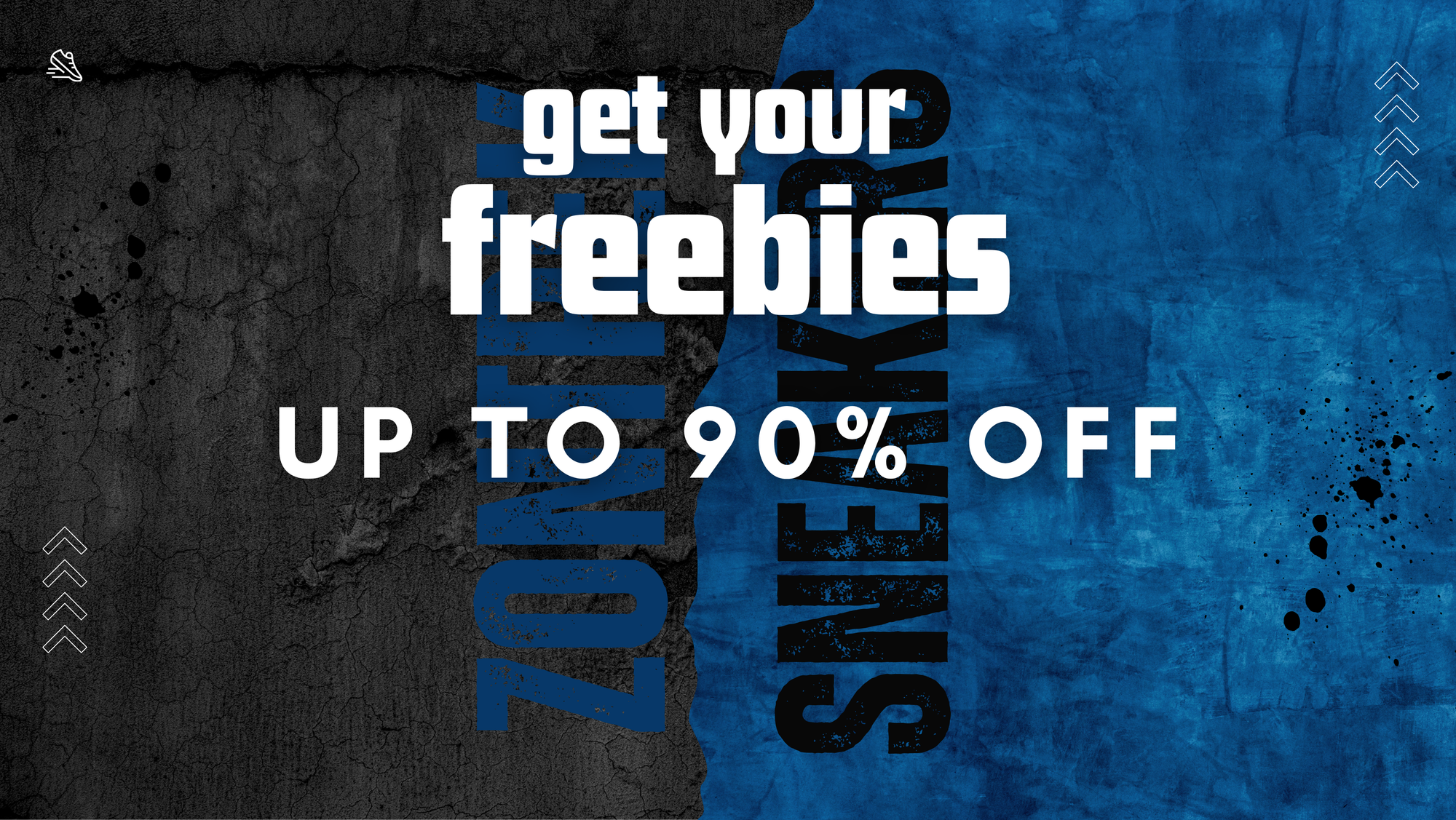 Promotional text on a textured black and blue background with 'get your freebies up to 90% off' message.