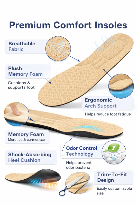 Premium comfort insoles with features highlighted on a white background