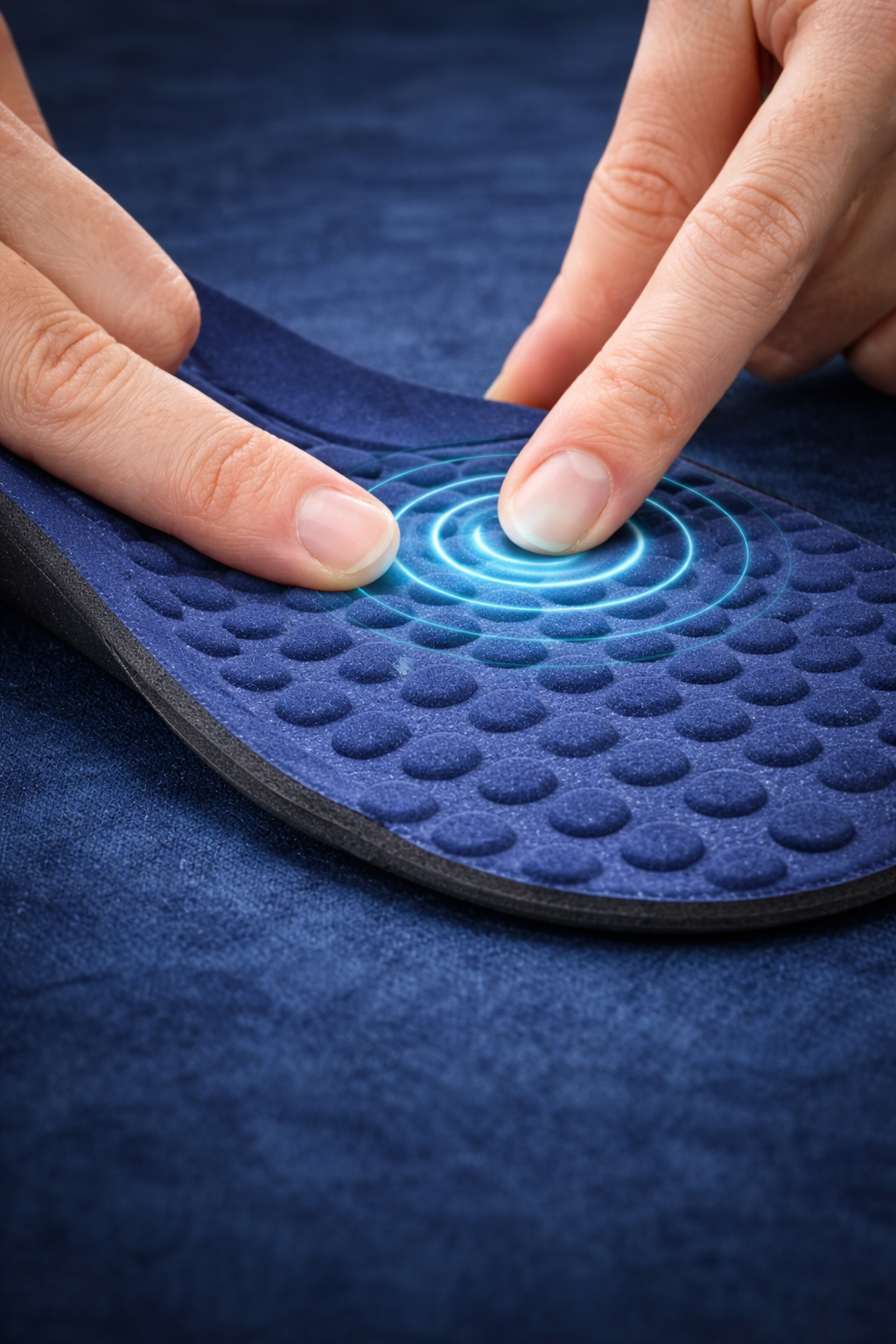 Blue textured mat with a glowing circular pattern on a blue background