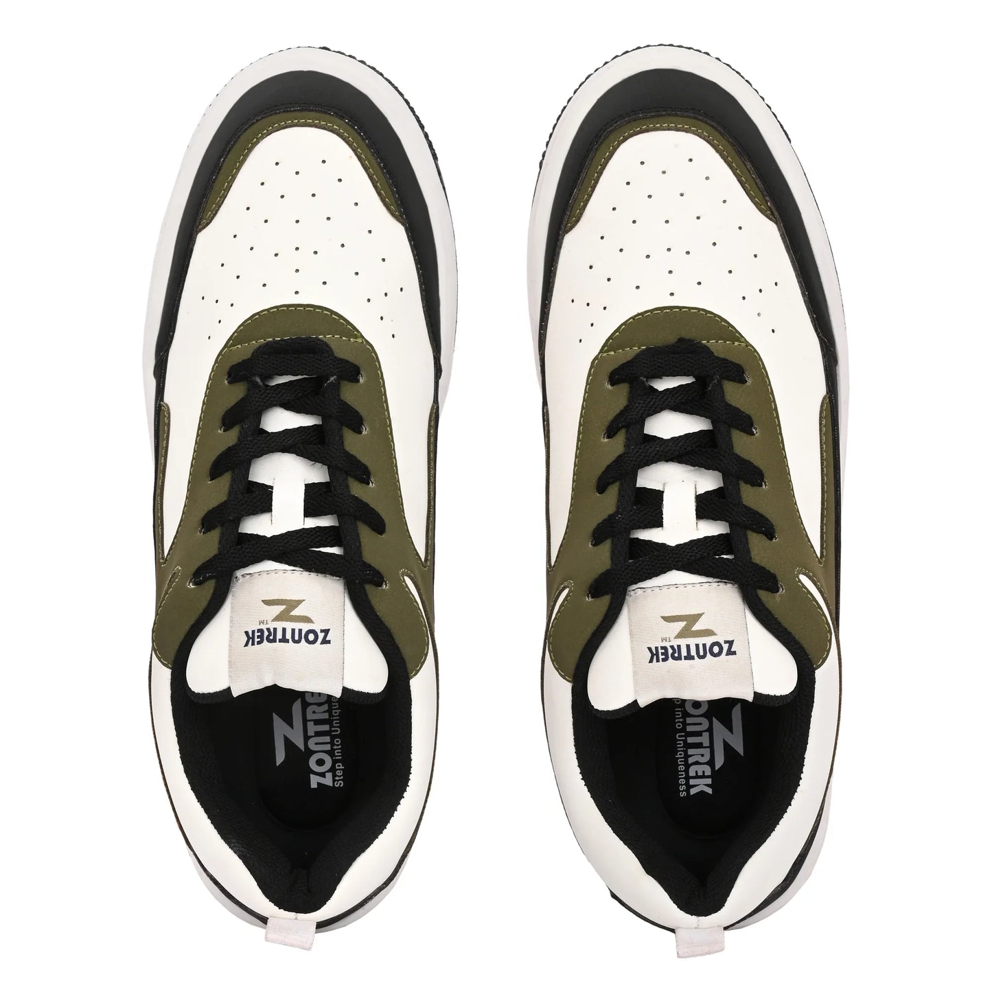 Pair of white and green sneakers with black accents on a white background