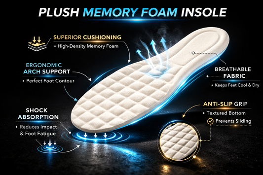 Memory foam insole with features highlighted on a dark background