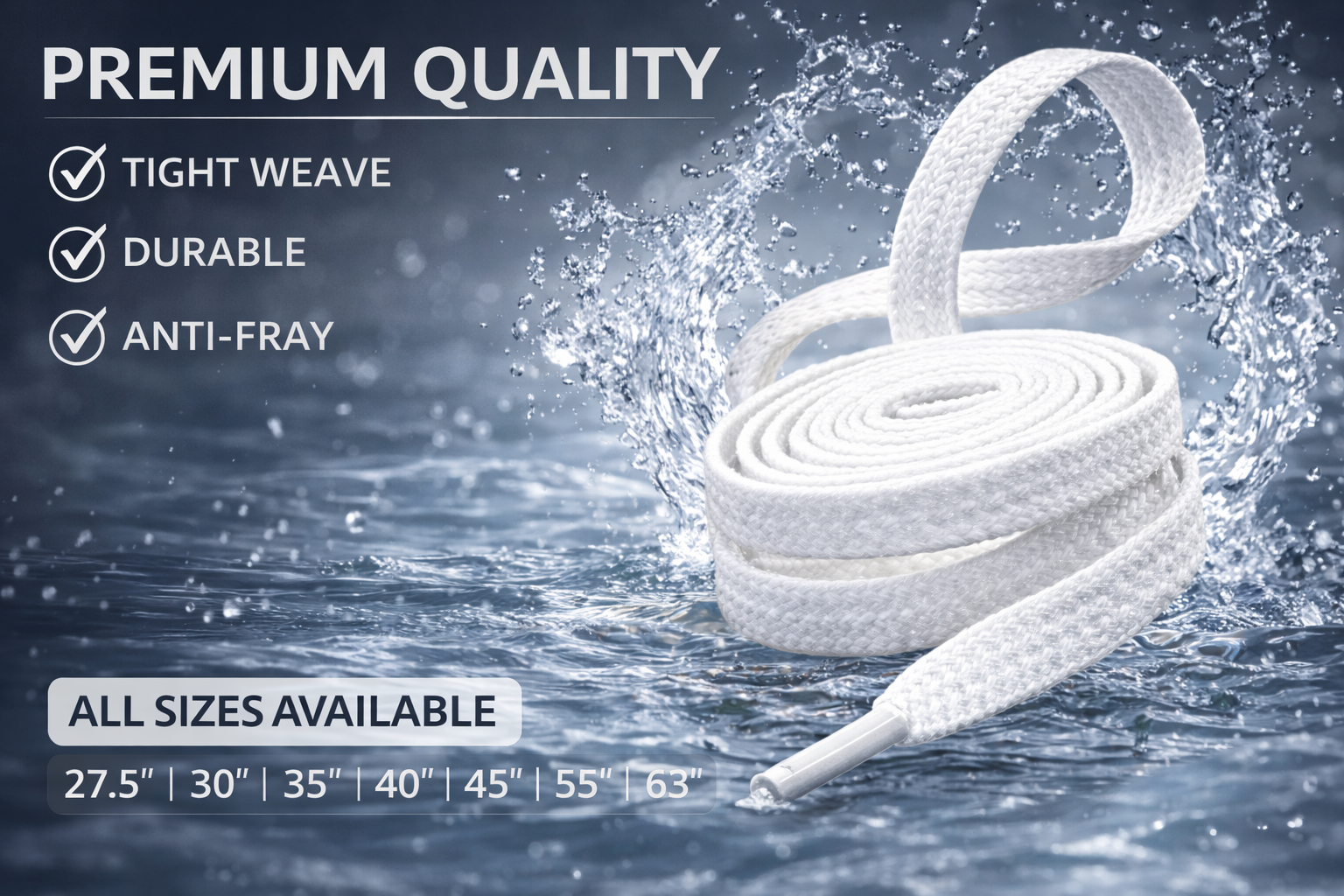 White rope with water splash on a dark background, featuring text about premium quality and product details.