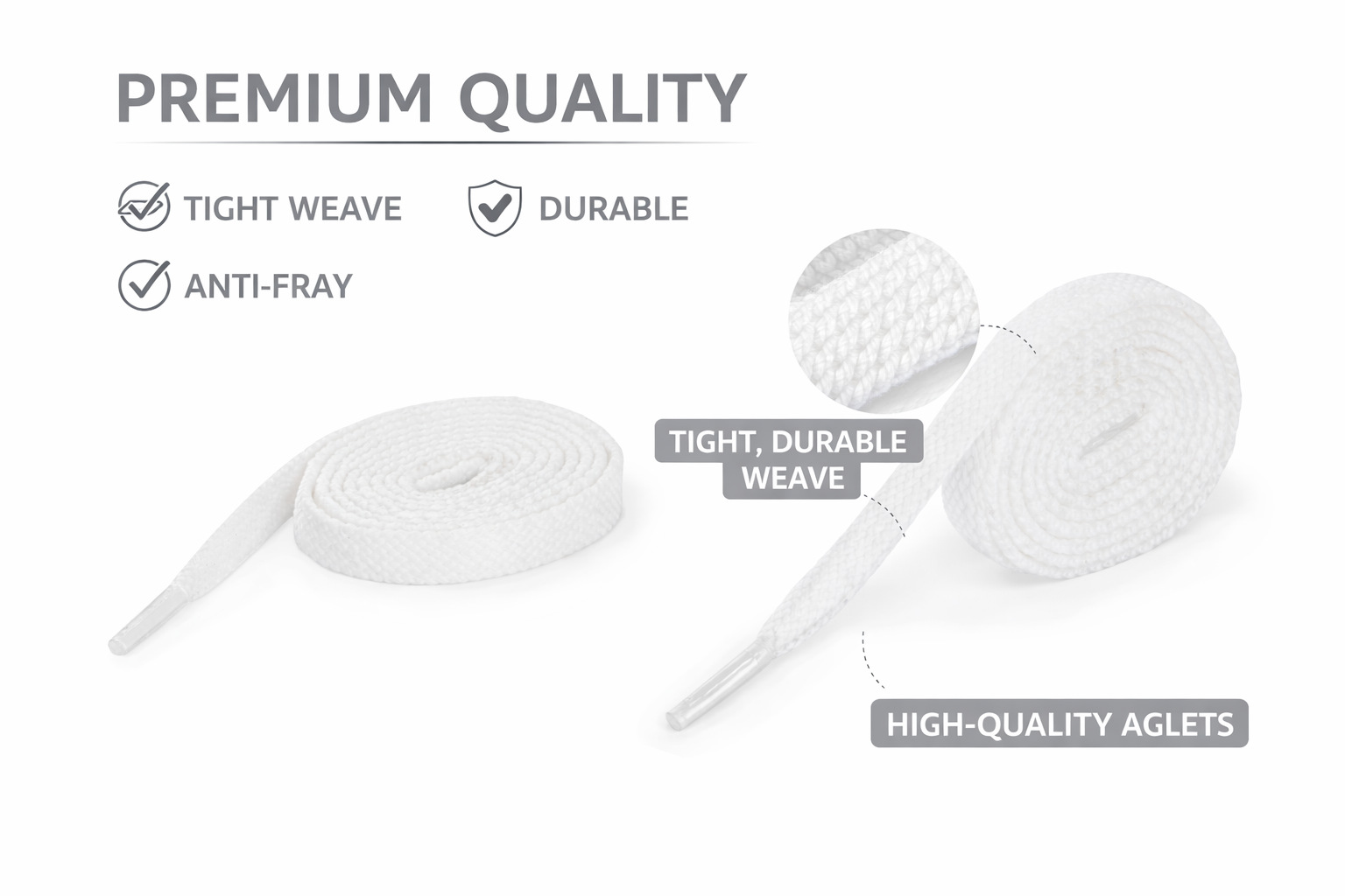 White shoelaces with text highlighting features on a white background