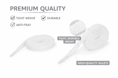 White shoelaces with text highlighting features on a white background