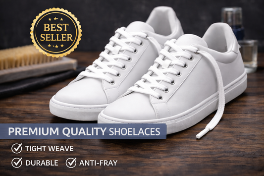 White sneakers with premium quality shoelaces on a wooden surface, featuring a 'Best Seller' badge.